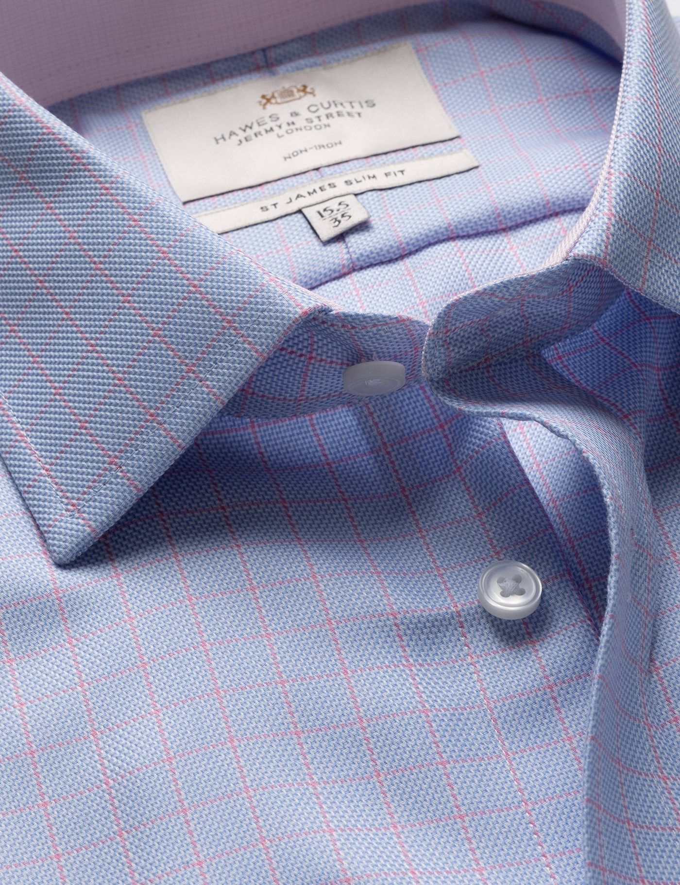 Slim Fit Blue & Pink Check Non-Iron Shirt - Contrast Detail