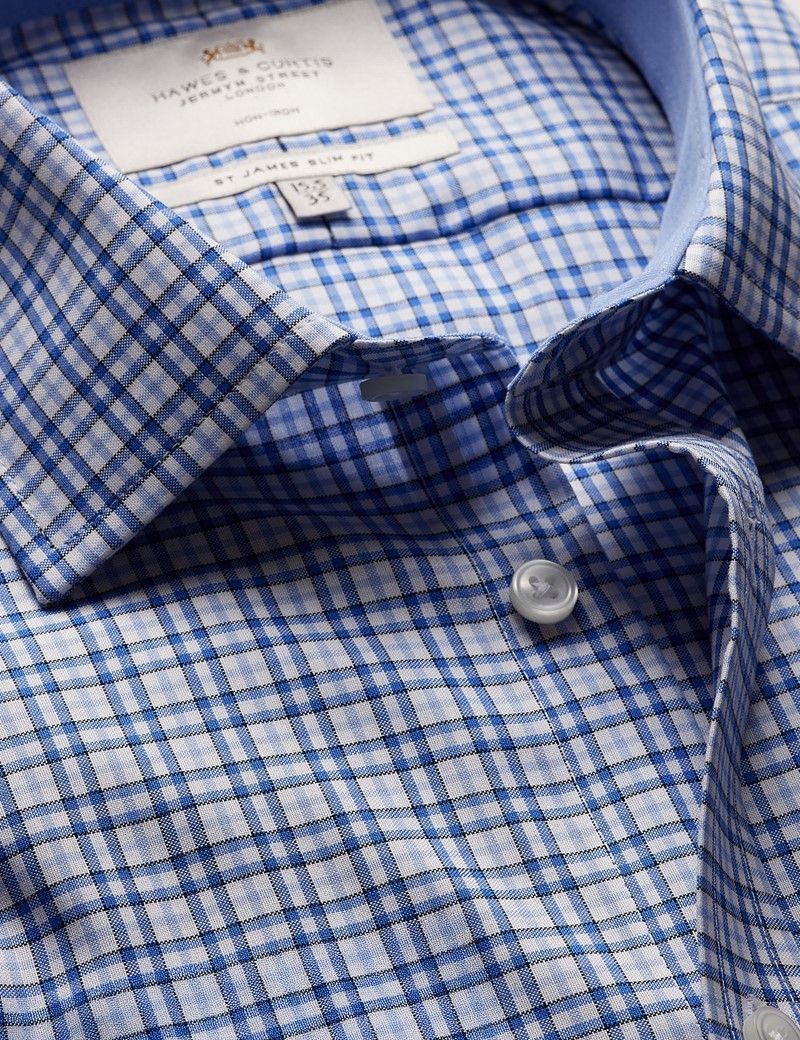 Slim Fit Blue & White Check Non-Iron Shirt - Contrast Detail