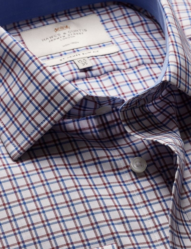 Slim Fit Blue & Red Check Non-Iron Shirt - Contrast Detail