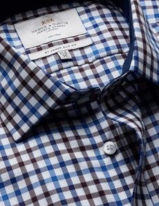 Slim Fit Blue & Brown Check Non-Iron Shirt - Contrast Detail