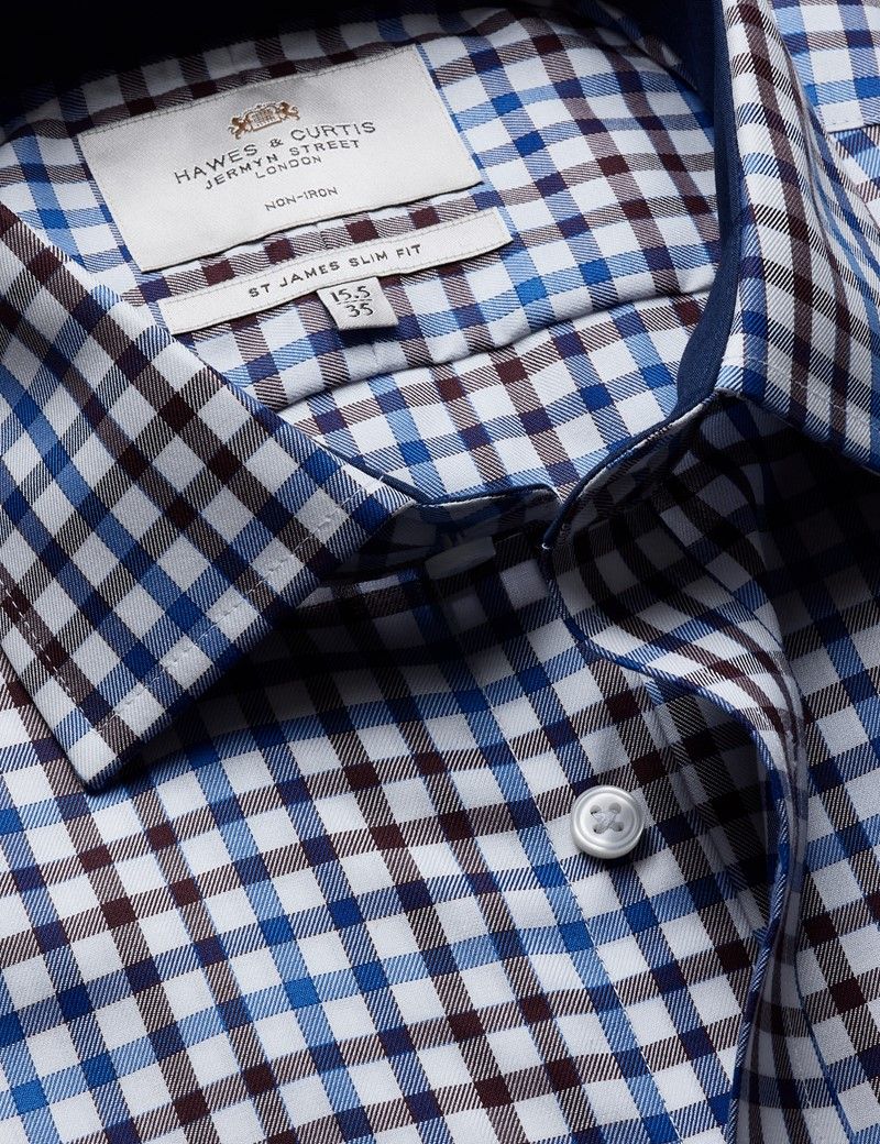 Slim Fit Blue & Brown Check Non-Iron Shirt - Contrast Detail