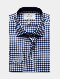 Slim Fit Blue & Brown Check Non-Iron Shirt - Contrast Detail