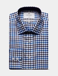 Slim Fit Blue & Brown Check Non-Iron Shirt - Contrast Detail