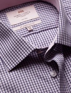 Slim Fit Navy & Pink Multi Check Non-Iron Shirt - Contrast Detail