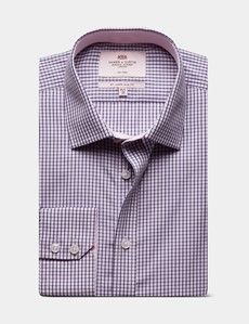 Slim Fit Navy & Pink Multi Check Non-Iron Shirt - Contrast Detail