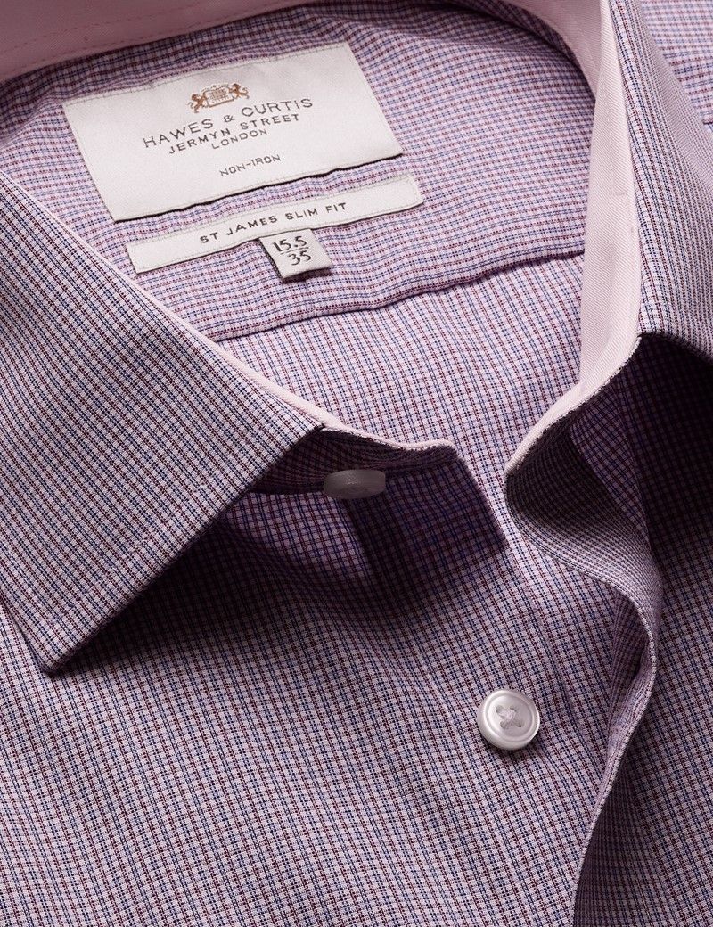 Slim Fit Blue & Purple Check Non-Iron Shirt - Contrast Detail