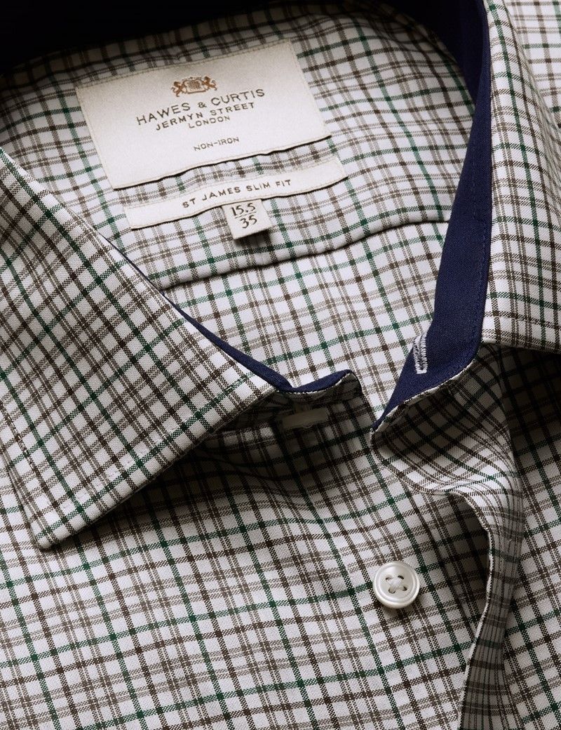 Slim Fit Green & Brown Check Non-Iron Shirt - Contrast Detail