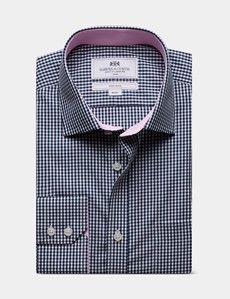 Slim Fit Navy & White Gingham Check Non-Iron Shirt - Contrast Detail