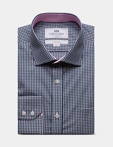 Slim Fit Navy & White Gingham Check Non-Iron Shirt - Contrast Detail