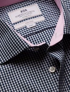 Slim Fit Navy & White Gingham Check Non-Iron Shirt - Contrast Detail