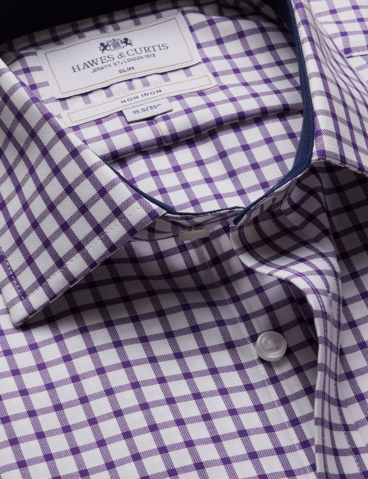 Men's Slim Fit Purple & White Grid Check Non-Iron Shirt - Contrast Detail | Hawes & Curtis Men's Slim Fit Purple & White Grid Check Non-Iron Shirt - Contrast Detail | Hawes & Curtis