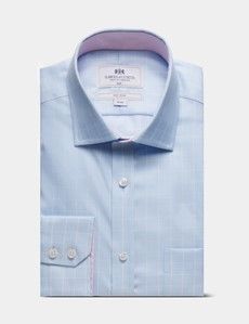 Slim Fit Blue & White Grid Check Non-Iron Shirt - Contrast Detail