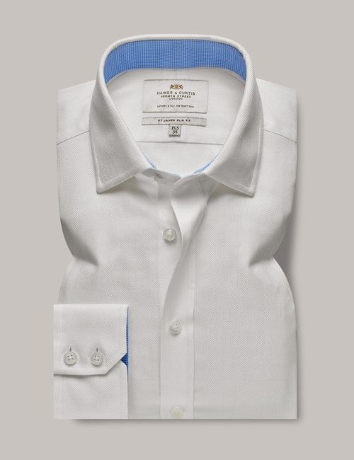 White Herringbone Slim Fit Shirt - Contrast Detail