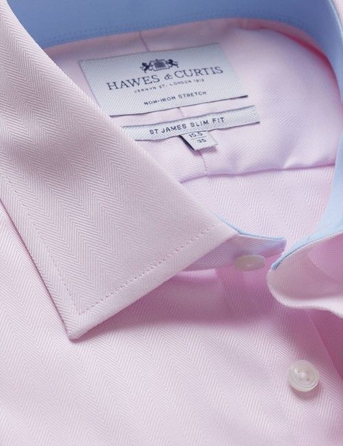 Non-Iron Pink Herringbone Slim Fit Shirt - Contrast Detail