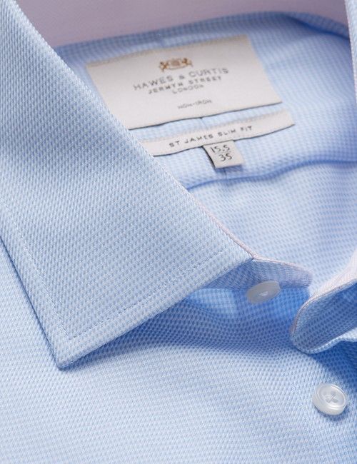 Non-Iron Blue & White Semi Plain Slim Shirt - Contrast Detail