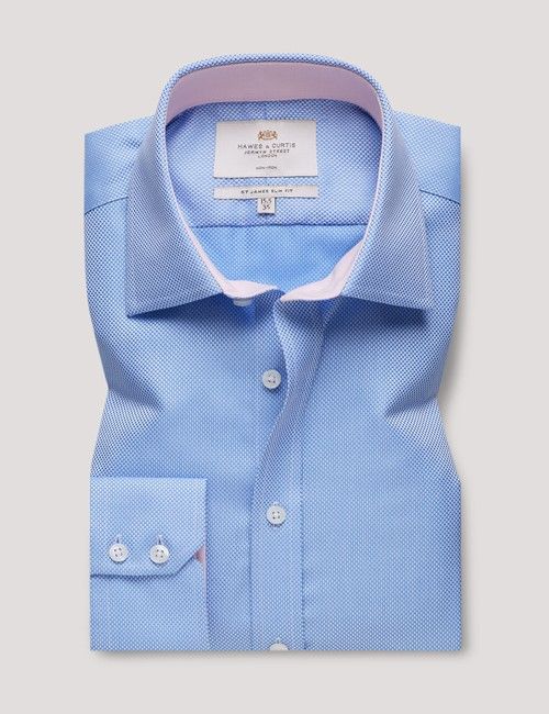 Non-Iron Blue Textured Weave Slim Shirt - Contrast Detail-preview
