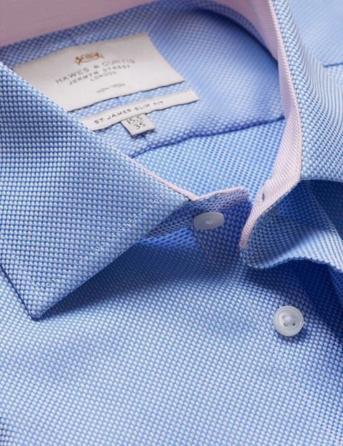 Non-Iron Blue Textured Weave Slim Shirt - Contrast Detail