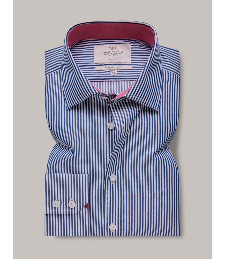 Men's Non-Iron Navy & White Bengal Stripe Slim Shirt With