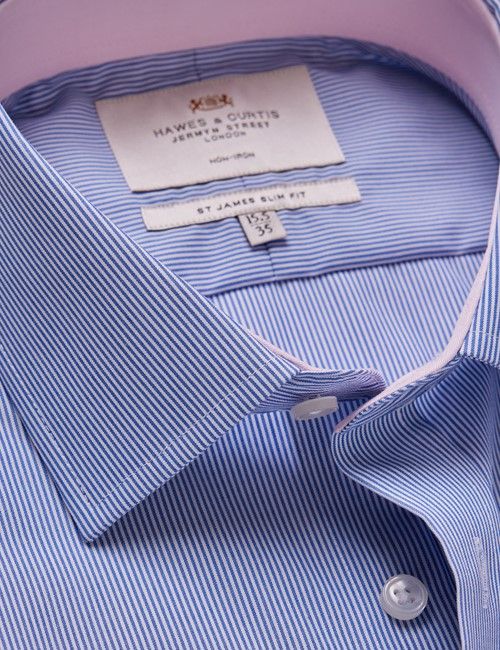 Non-Iron Blue & White Fine Stripe Slim Shirt - Contrast Detail-preview