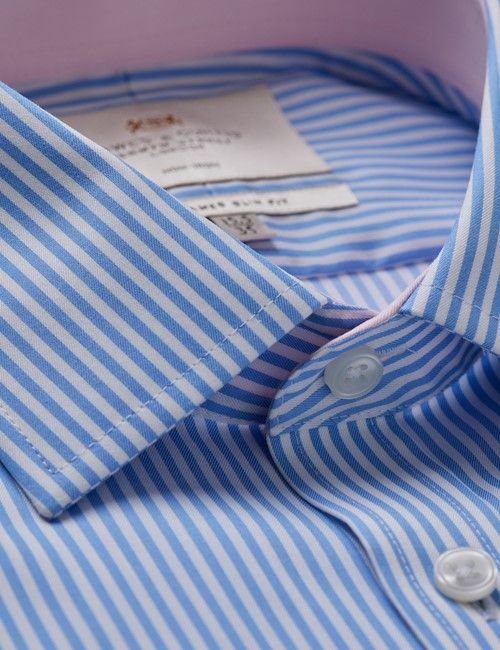 Non-Iron Blue & White Bengal Stripe Slim Shirt - Contrast Detail-preview