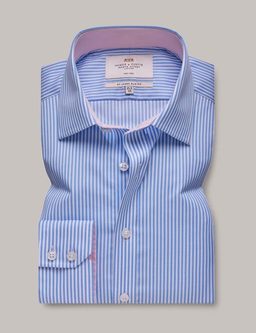 Non-Iron Blue & White Bengal Stripe Slim Shirt - Contrast Detail