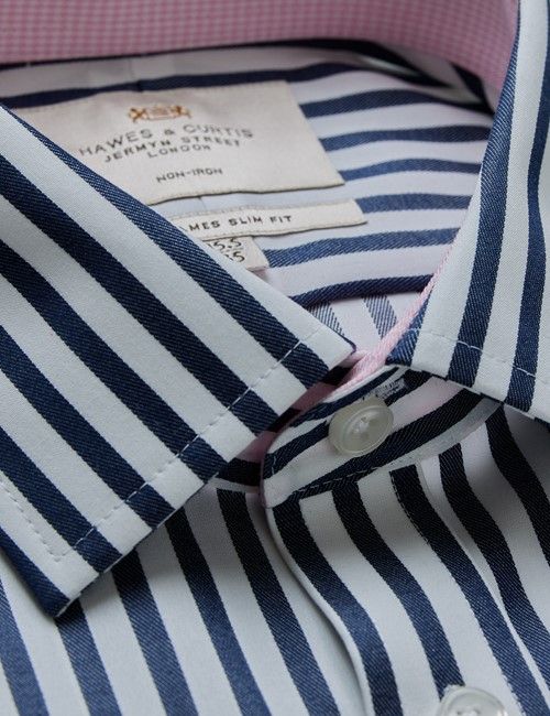 Non-Iron Navy & White Bold Stripe Slim Shirt - Contrast Detail-preview