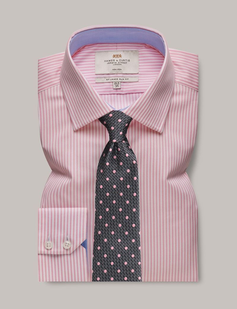 Men's Non-Iron Pink & White Bengal Stripe Slim Shirt With Contrast ...