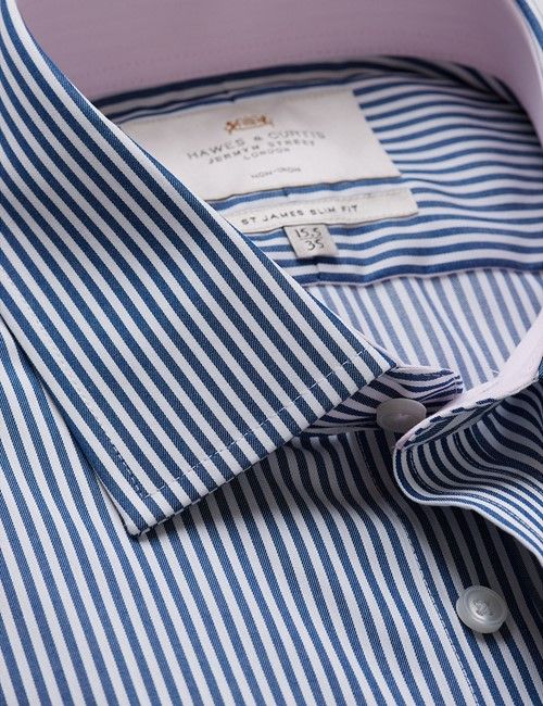 Non-Iron Navy & White Bengal Stripe Slim Flit Shirt - Contrast Detail