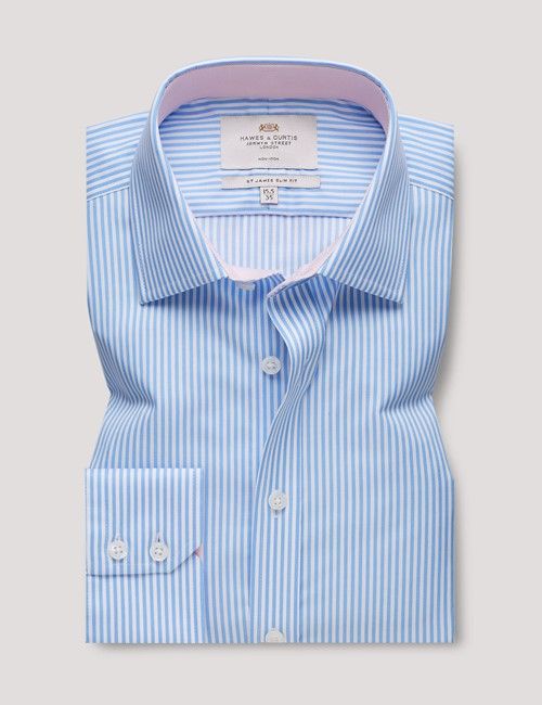 Non-Iron Blue & White Bengal Stripe Slim Shirt - Contrast Detail-preview