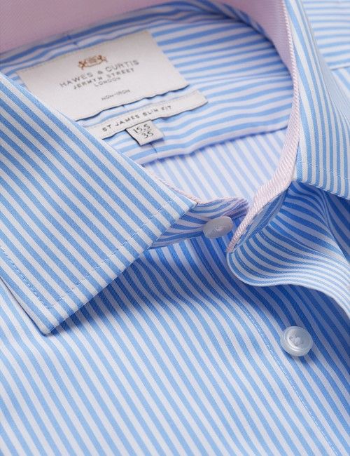 Non-Iron Blue & White Bengal Stripe Slim Shirt - Contrast Detail