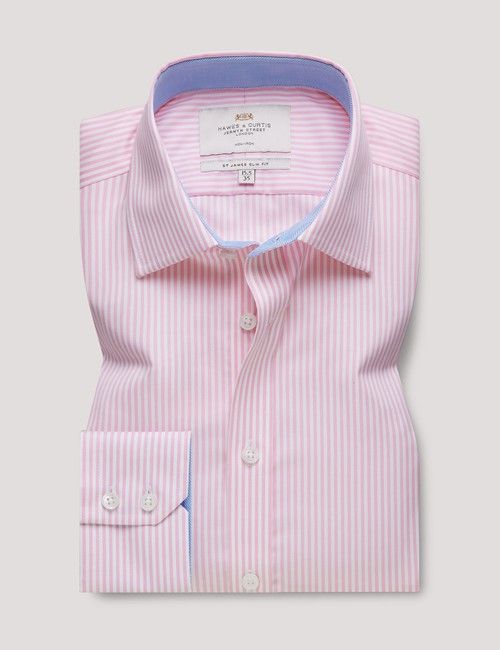 Non-Iron Pink & White Bengal Stripe Slim Shirt - Contrast Detail-preview