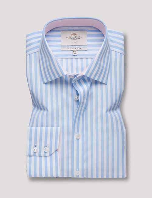 Slim Fit Blue & White Bold Stripe Non-Iron Shirt-preview