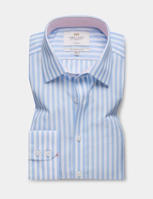 Slim Fit Blue & White Bold Stripe Non-Iron Shirt-preview