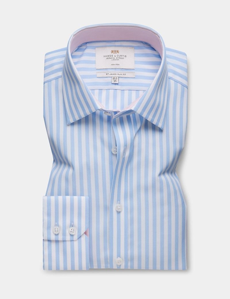 Slim Fit Blue & White Bold Stripe Non-Iron Shirt-preview