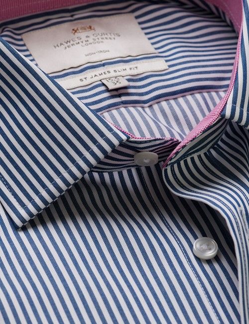 Non-Iron Navy & White Bengal Stripe Slim Fit Shirt - Contrast Detail