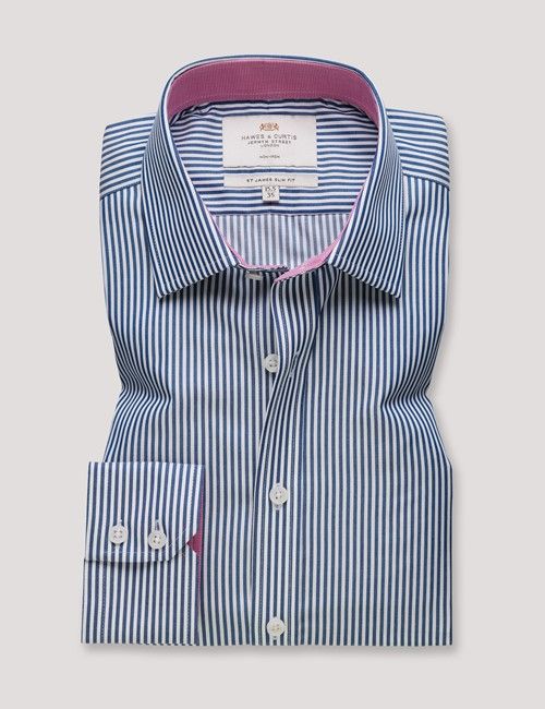 Non-Iron Navy & White Bengal Stripe Slim Fit Shirt - Contrast Detail-preview