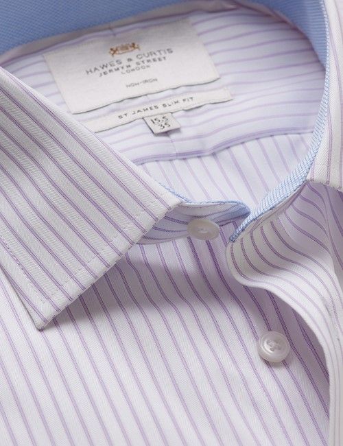 Non-Iron Purple & White Bi Stripe Slim Fit Shirt - Contrast Detail
