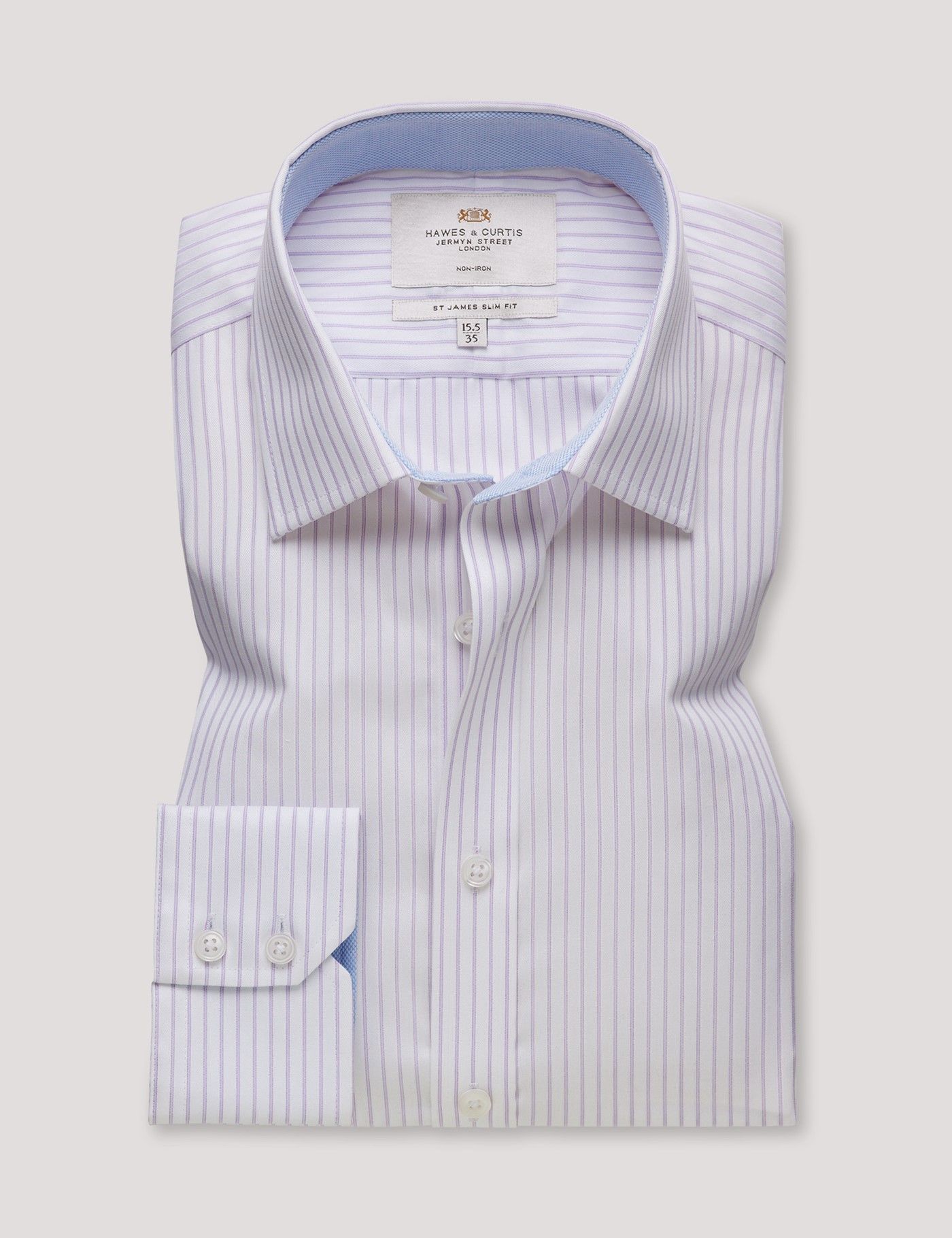 Slim Fit Purple & White Bi Stripe Non-Iron Shirt - Contrast Detail-preview