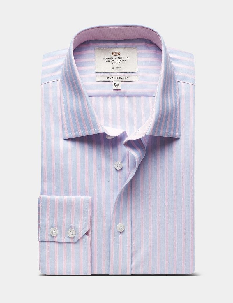 Slim Fit Blue & Pink Bold Stripe Non-Iron Shirt - Contrast Detail-preview