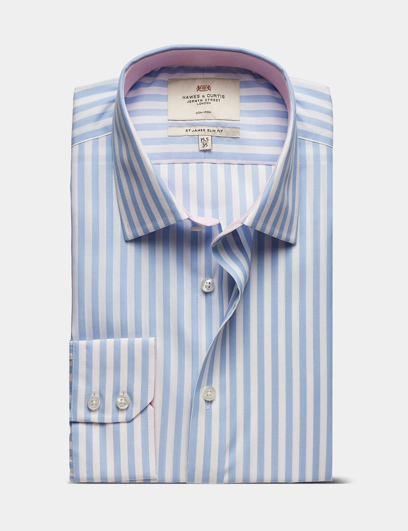 Slim Fit Blue & White Bold Stripe Non-Iron Shirt - Contrast Detail-preview