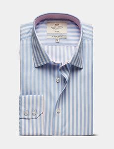 Slim Fit Blue & White Bold Stripe Non-Iron Shirt - Contrast Detail