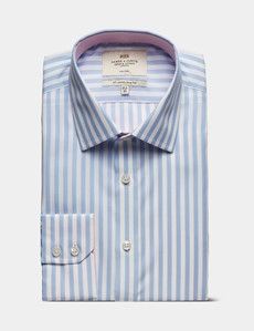 Slim Fit Blue & White Bold Stripe Non-Iron Shirt - Contrast Detail