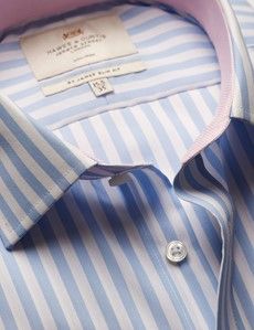 Slim Fit Blue & White Bold Stripe Non-Iron Shirt - Contrast Detail