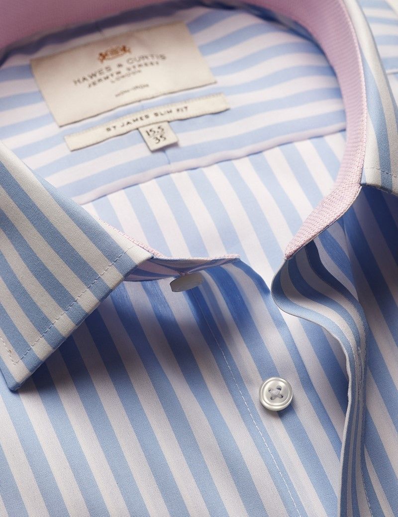 Slim Fit Blue & White Bold Stripe Non-Iron Shirt - Contrast Detail