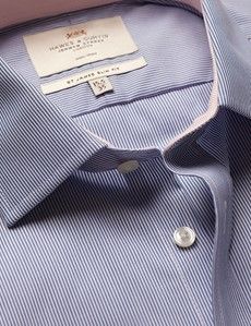 Slim Fit Blue & White Fine Stripe Non-Iron Shirt - Contrast Detail