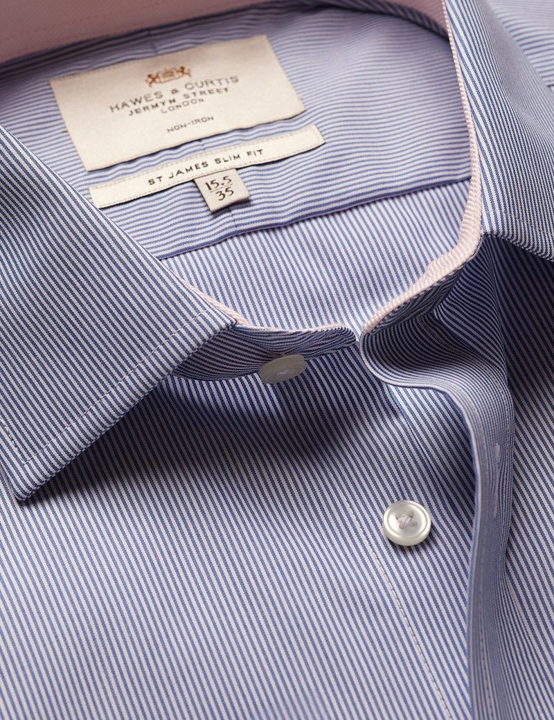Slim Fit Blue & White Fine Stripe Non-Iron Shirt - Contrast Detail