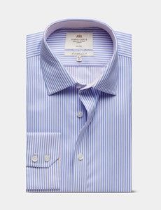 Slim Fit Blue & White Bengal Stripe Twill Non-Iron Shirt - Contrast Detail