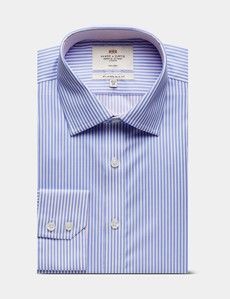 Slim Fit Blue & White Bengal Stripe Twill Non-Iron Shirt - Contrast Detail
