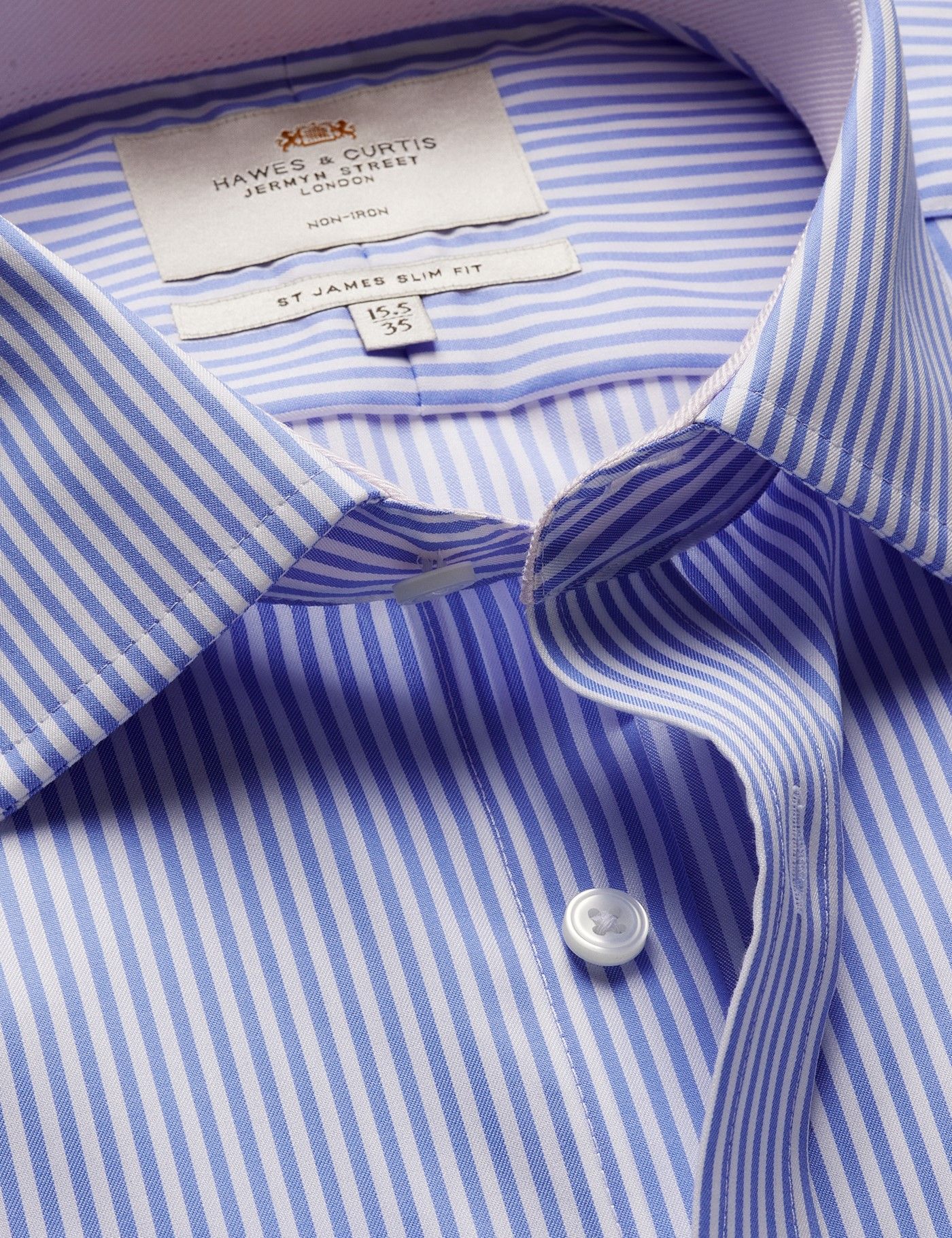 Men's Slim Fit Blue & White Bengal Stripe Non-Iron Shirt - Contrast ...