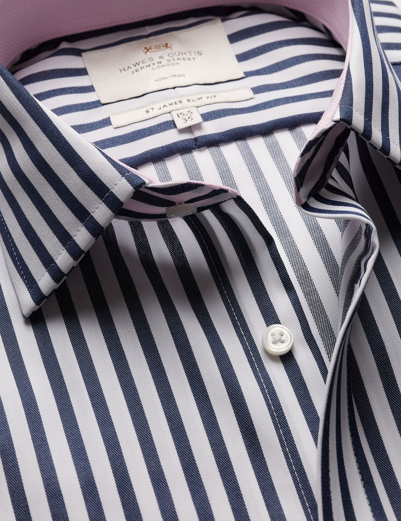 Men's Slim Fit Navy & White Bold Stripe Non-Iron Shirt | Hawes & Curtis